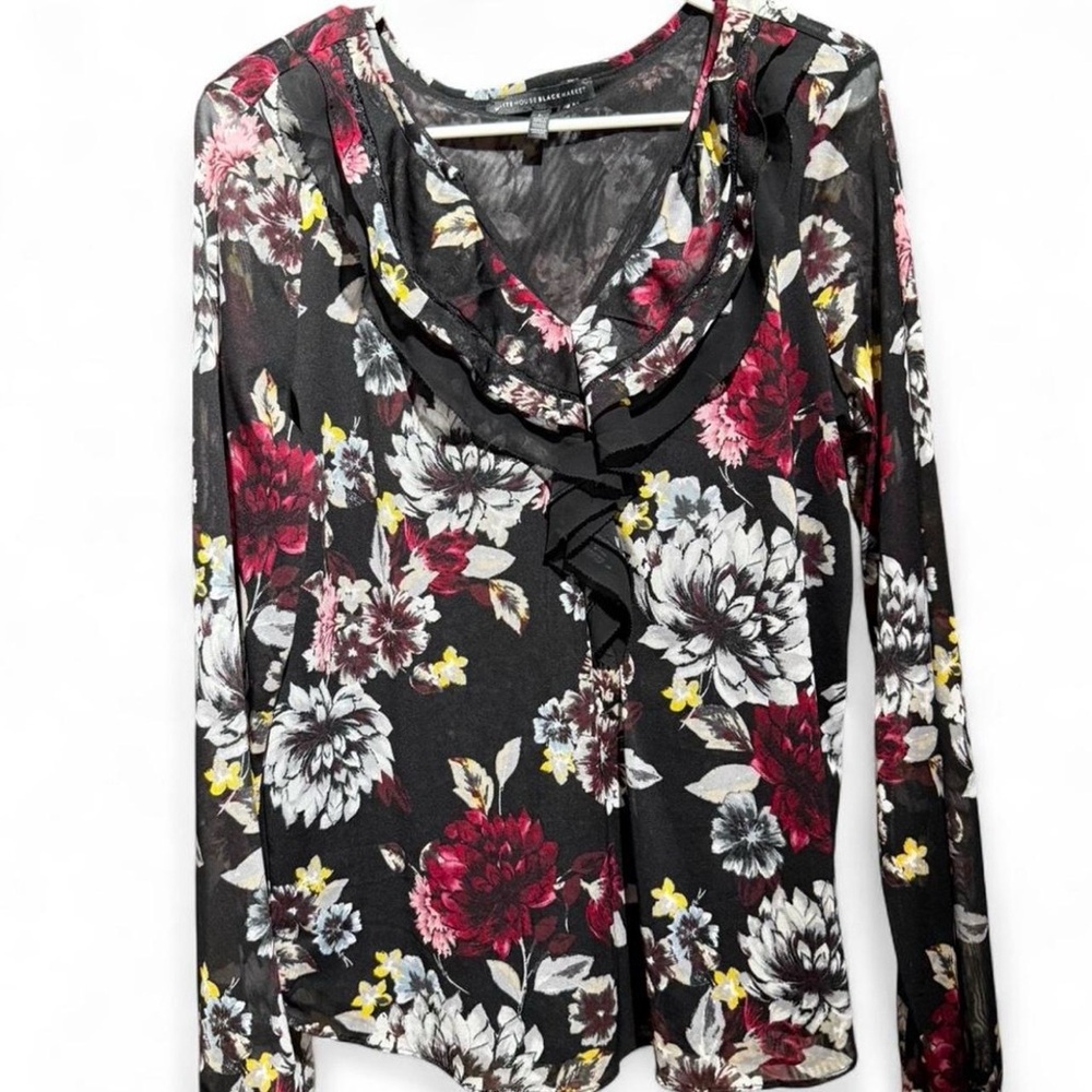 White House Black Market Floral Blouse Size L Black Sheer Ruffle V Neck Top